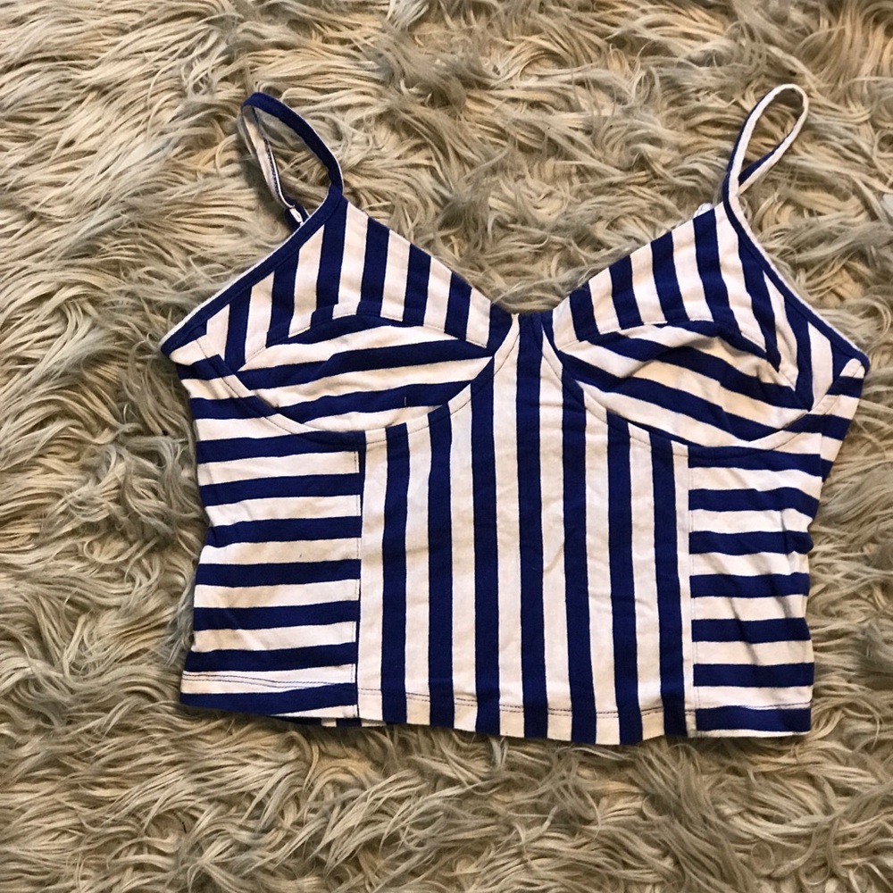 Blue and white striped cropped tank top